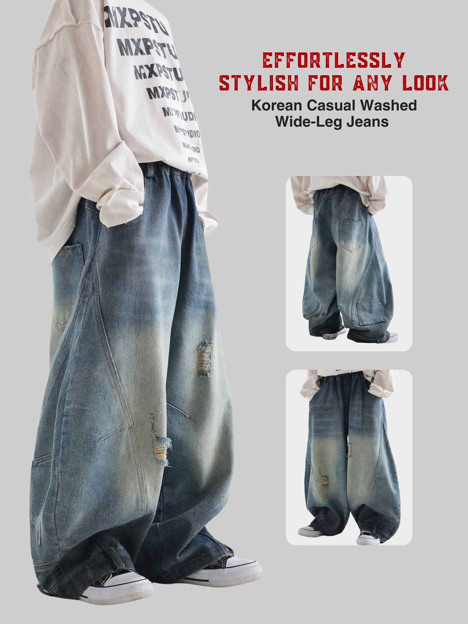 Korean Casual Washed Wide-Leg Jeans - TANGC P5003