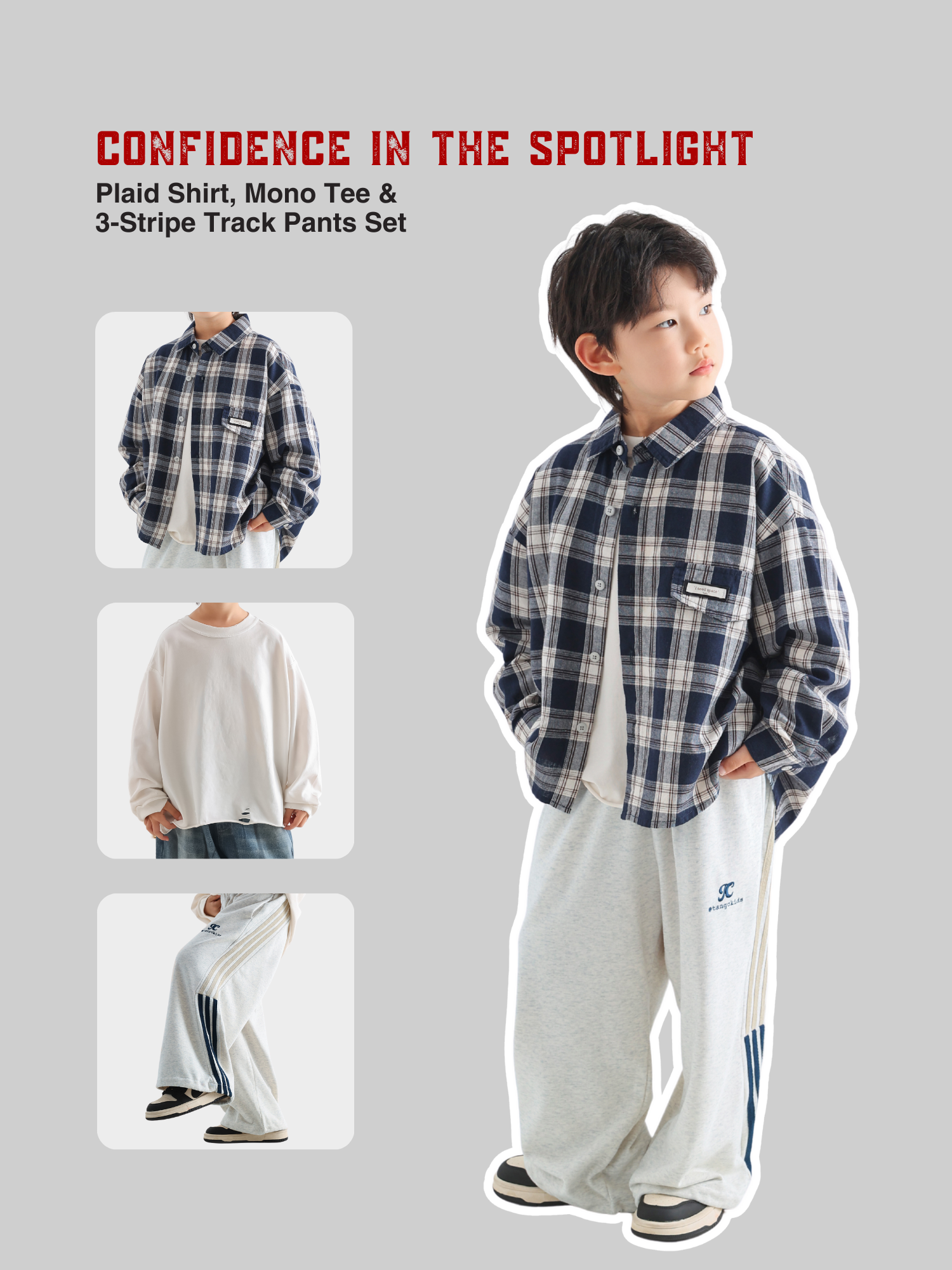 Plaid Shirt, Mono Tee & 3-Stripe Track Pants Set