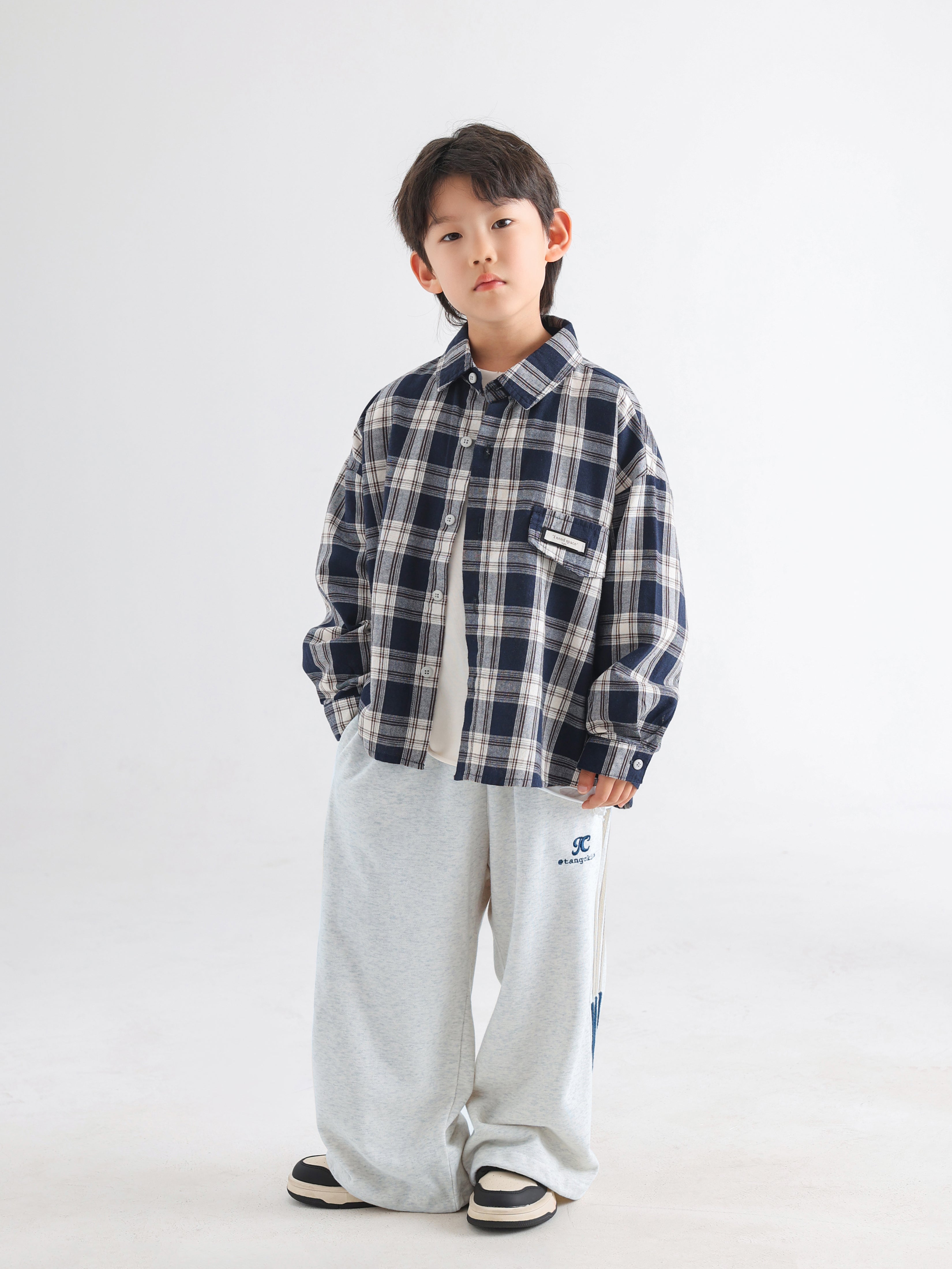 Plaid Shirt, Mono Tee & 3-Stripe Track Pants Set