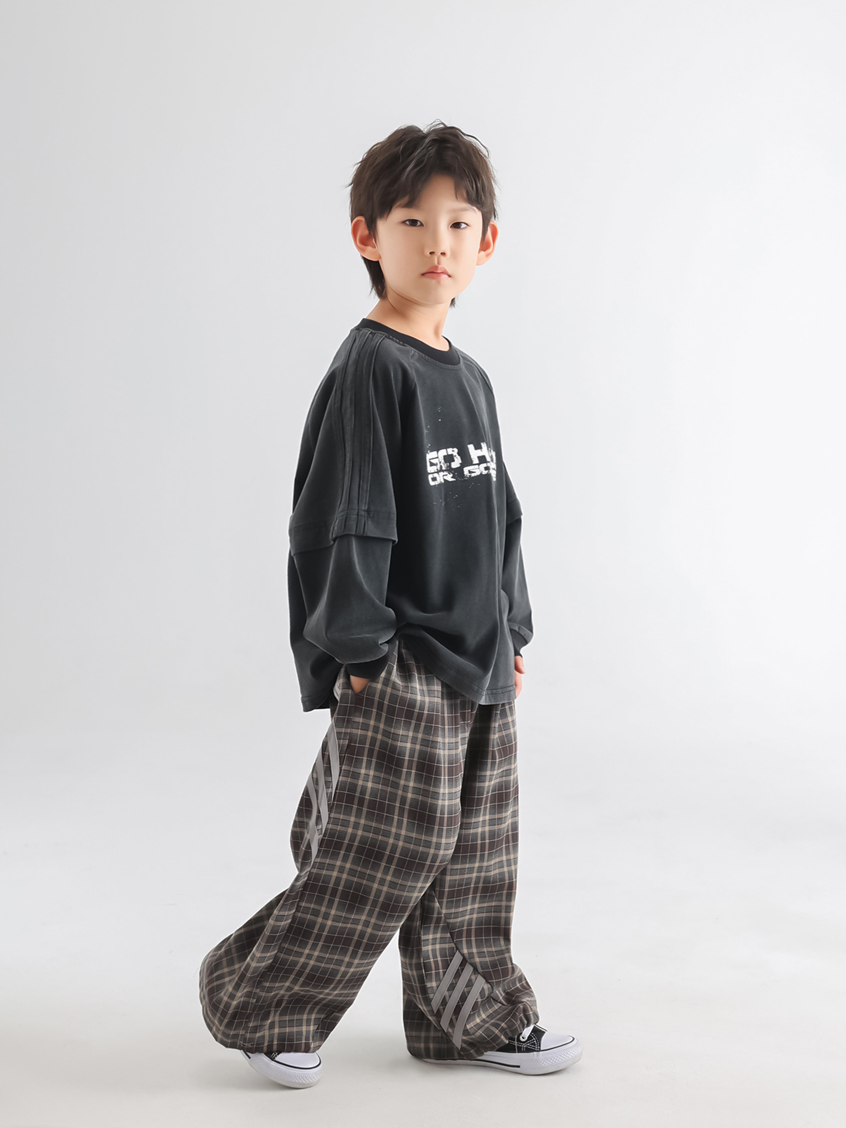 Double-Layered Sweatshirt & Plaid Pants Set