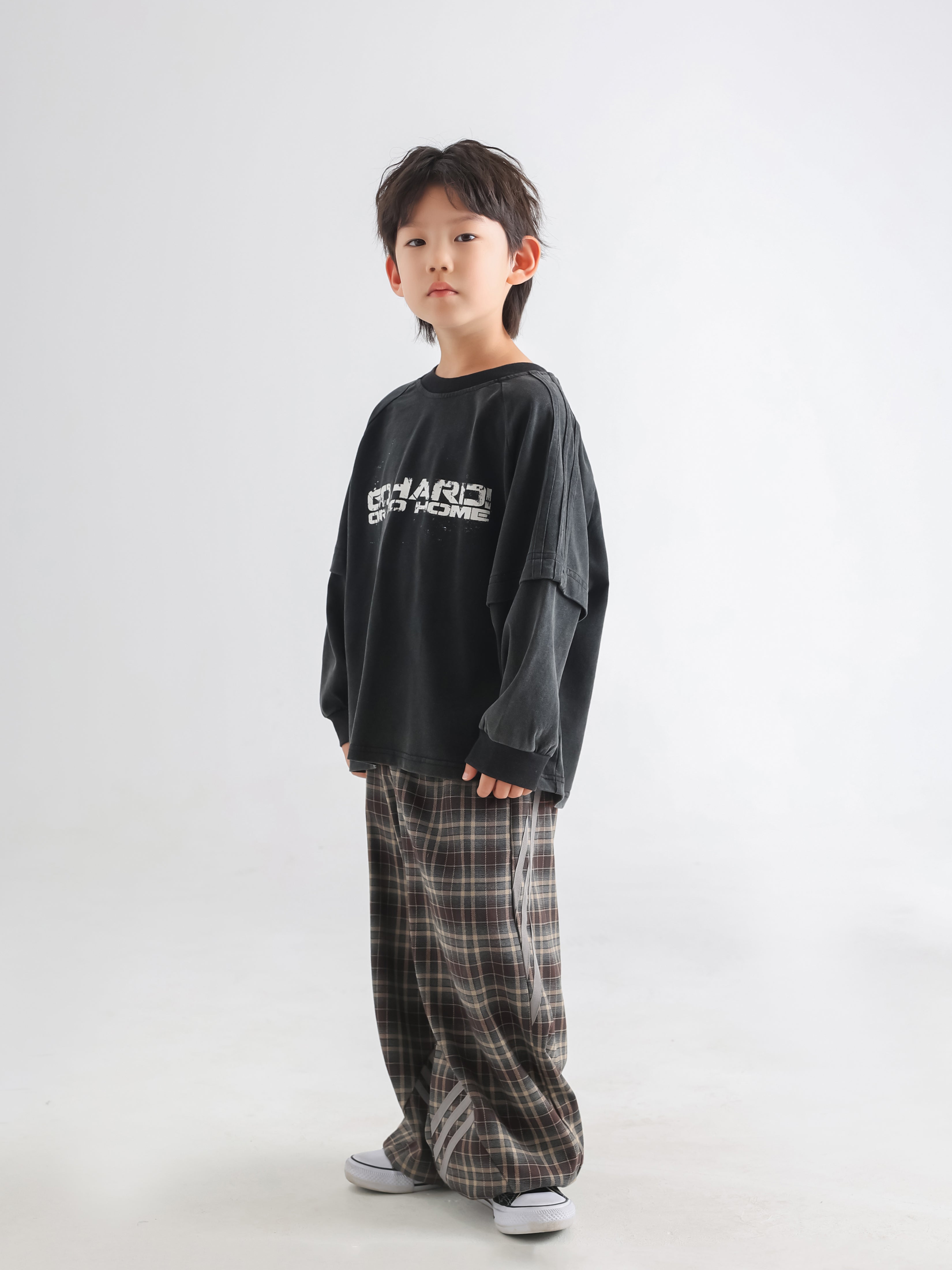 Double-Layered Sweatshirt & Plaid Pants Set