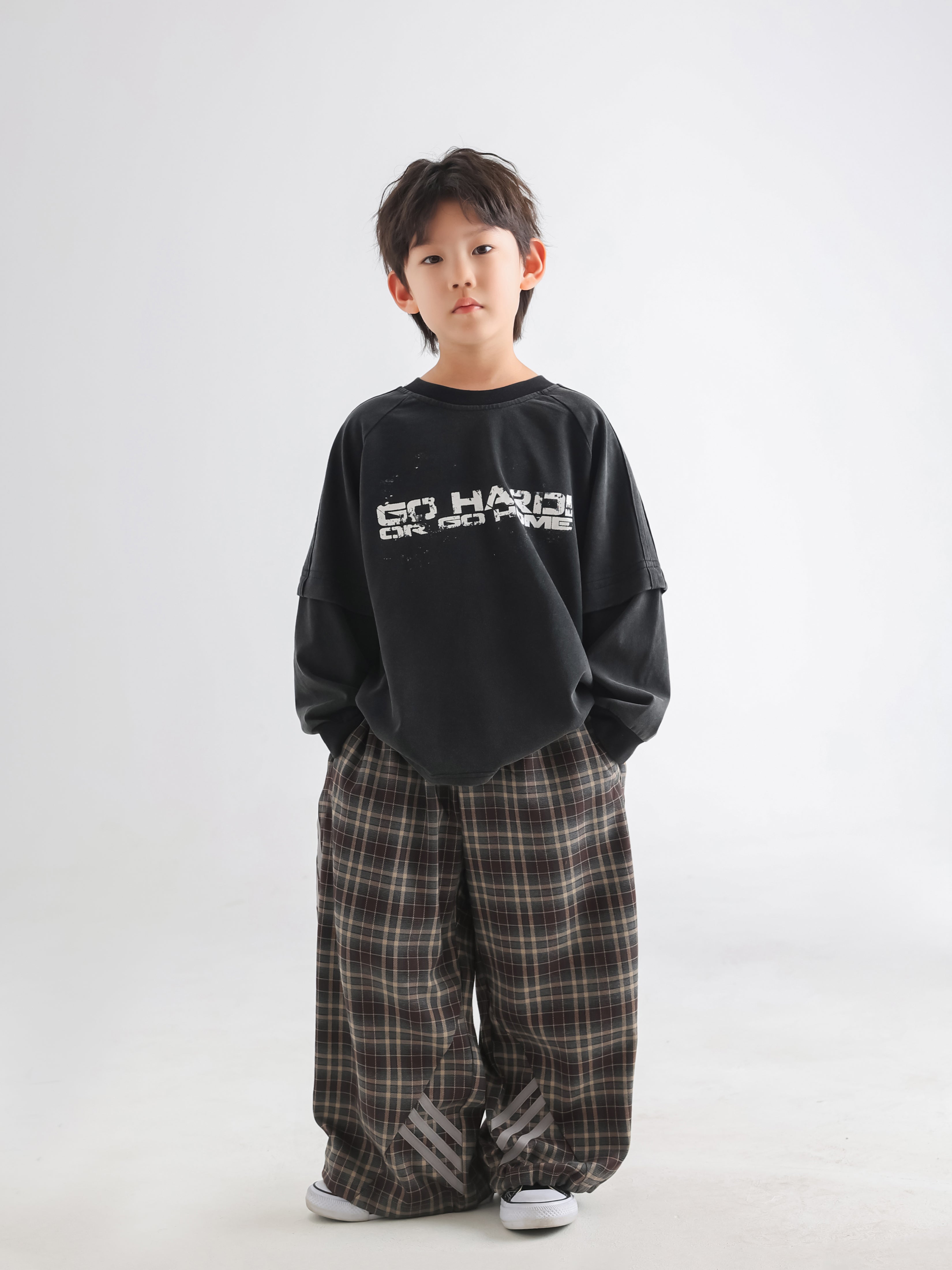 Double-Layered Sweatshirt & Plaid Pants Set