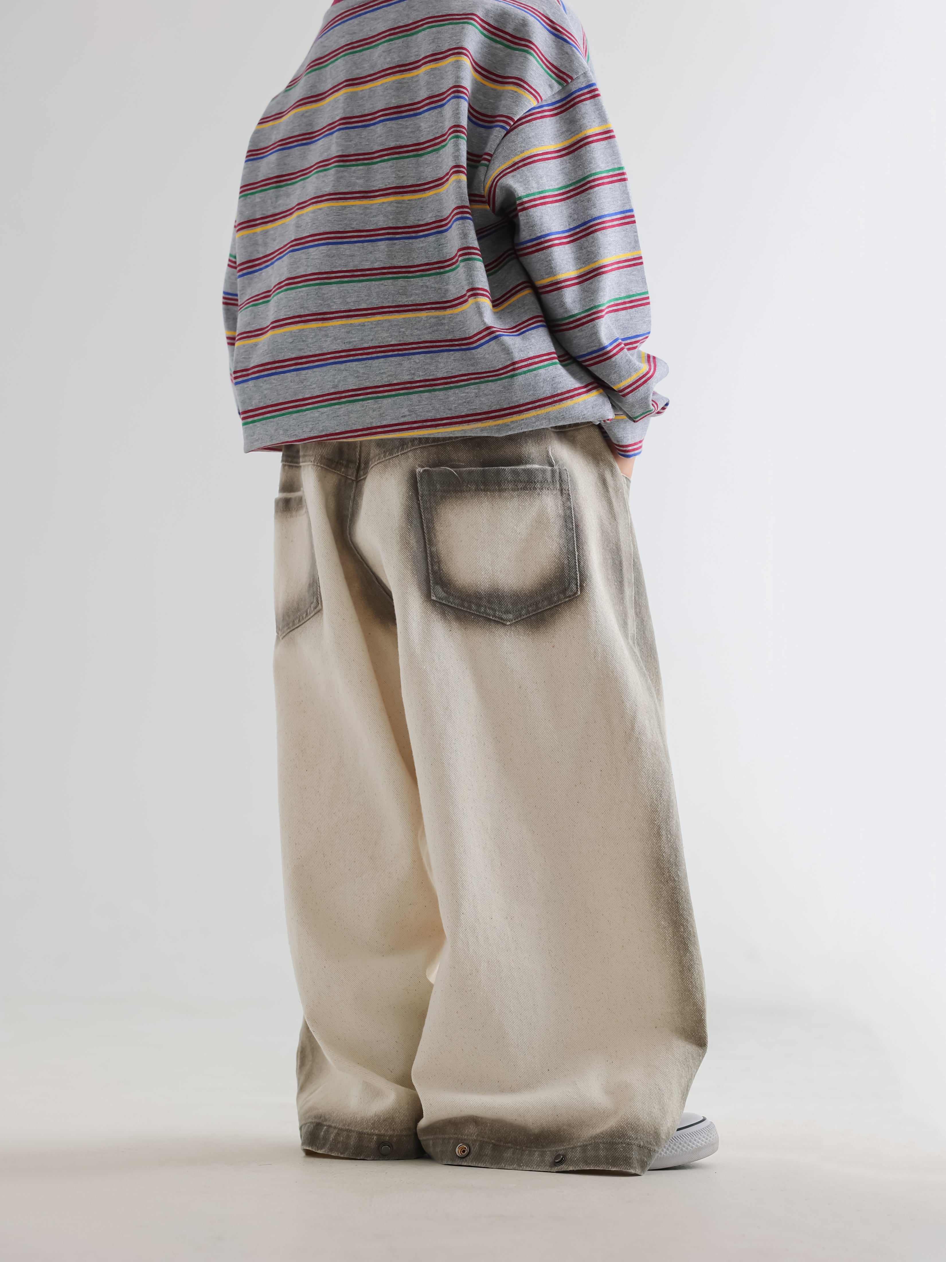 Color Stripe Sweatshirt & Spray-Dyed Denim Set