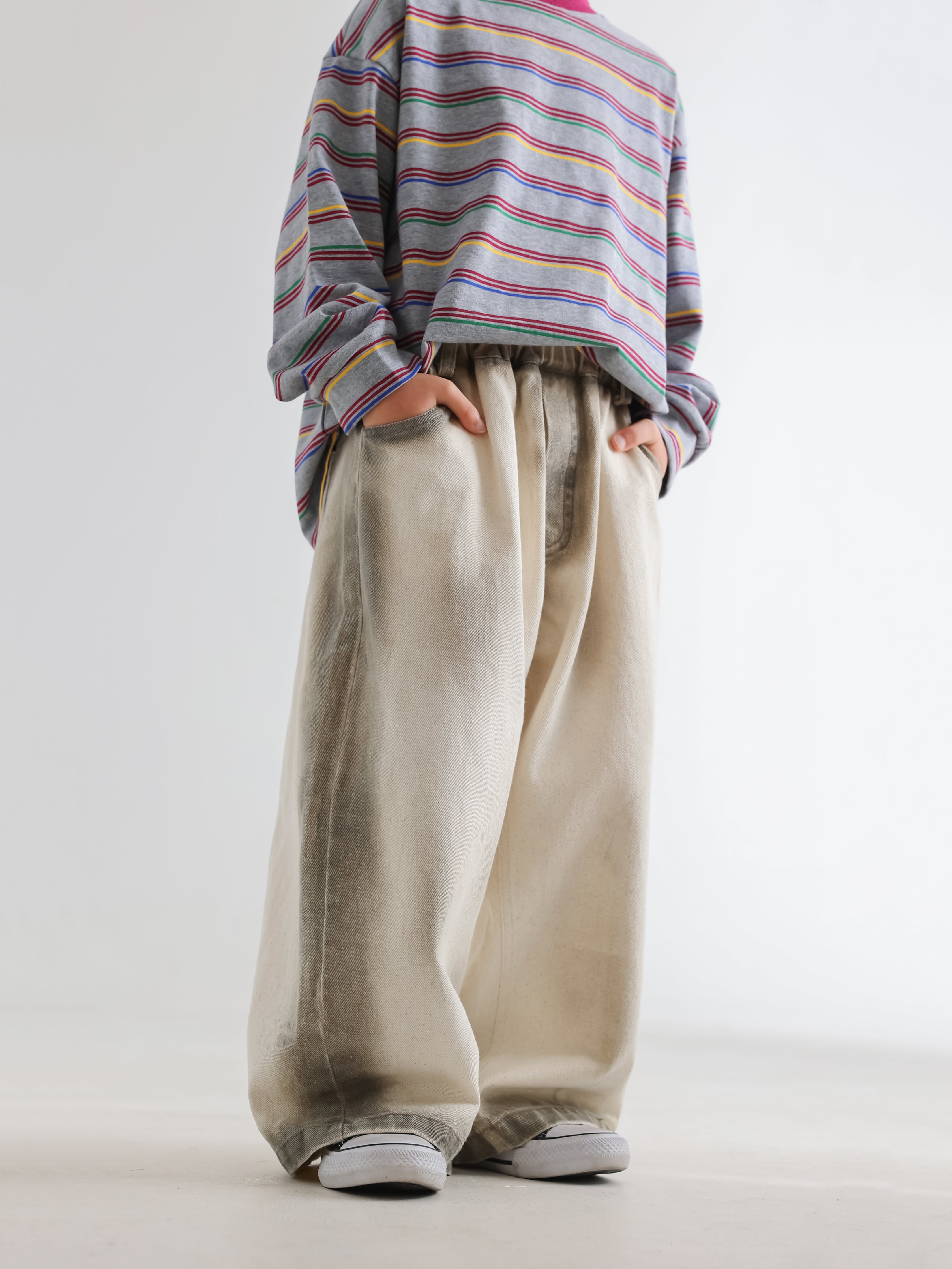 Color Stripe Sweatshirt & Spray-Dyed Denim Set